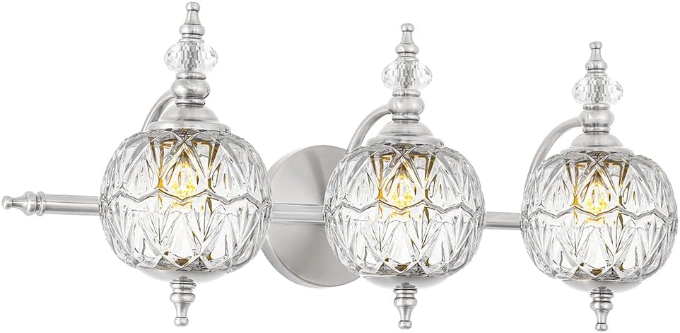 Brushed Gold Bathroom Vanity Light Fixture Vintage Style - 3 Light G9 Bulb Compatible, 23" Wide Bathroom Lighting Over Mirror with Hand-Etched Glass Shades, Easy Mount for Makeup Area