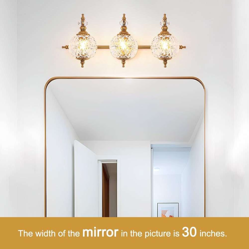 Brushed Gold Bathroom Vanity Light Fixture Vintage Style - 3 Light G9 Bulb Compatible, 23" Wide Bathroom Lighting Over Mirror with Hand-Etched Glass Shades, Easy Mount for Makeup Area