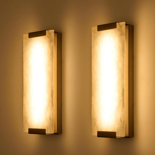 14.2in Alabaster Wall Sconces, Large Natural Marble Wall Sconces Set of Two, LED Modern Wall Lamp for Bedroom, Stairs, Living Room, Vanity, Bedside, Hallway （Brushed Bronze 12W）