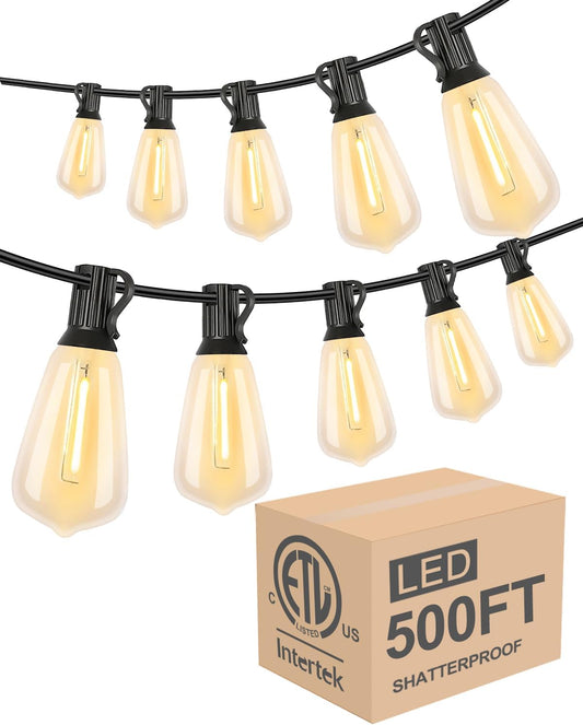 Lightdot 500FT Outdoor String Lights, LED Bistro String Lights with Shatterproof ST38 Bulbs, 2200K Dimmable, Waterproof Hanging Lights for Porch, Party, Garden, Backyard, Balcony