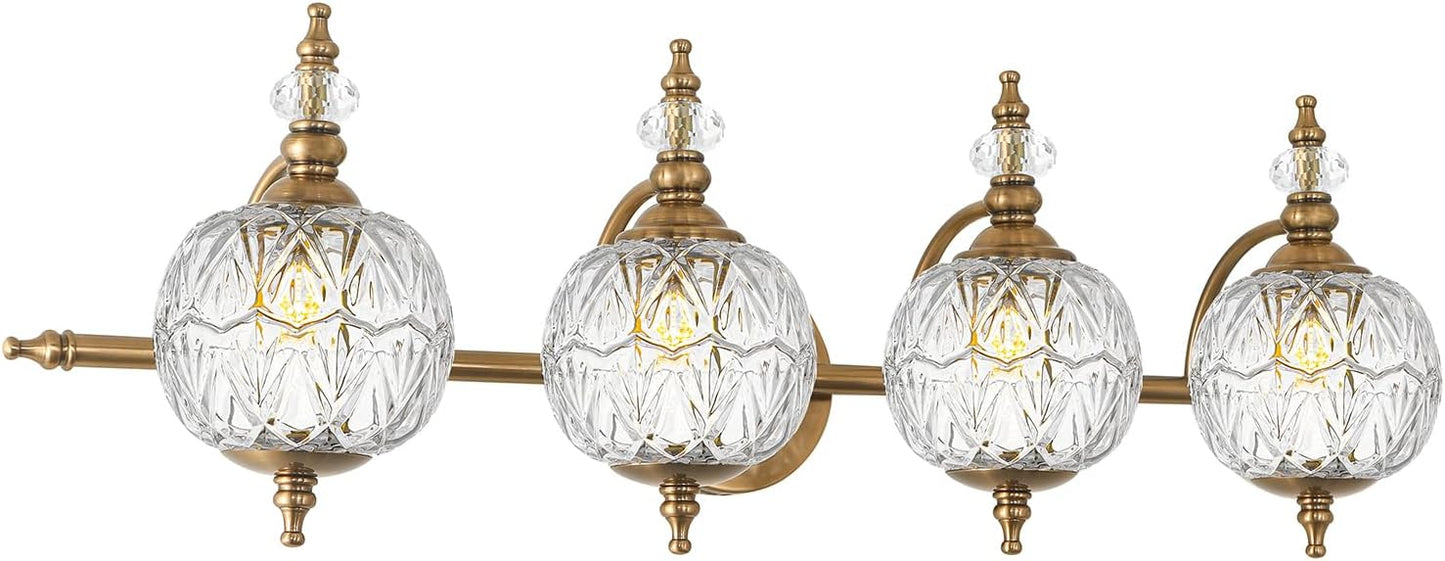 Brushed Gold Bathroom Vanity Light Fixture Vintage Style - 3 Light G9 Bulb Compatible, 23" Wide Bathroom Lighting Over Mirror with Hand-Etched Glass Shades, Easy Mount for Makeup Area