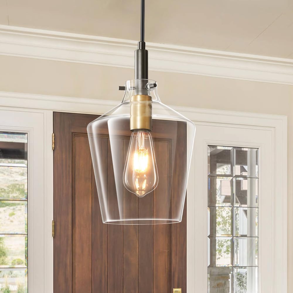 Modern Glass Pendant Lighting for Kitchen Island 2 Pack, Farmhouse Black and Gold Pendant Light Fixtures, Adjustable Hanging Ceiling Light, Angled Clear Glass Shades 8 Inch
