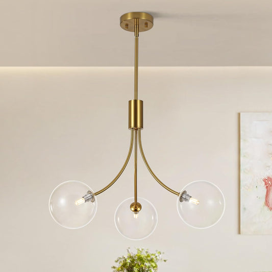 3-Light Gold Light Fixture for Kitchen,Modern Dining Room Light Fixture,Sputnik Chandeliers with Clear Glass Shade for Kitchen Island Living Room Bedroom Foyer Entryway,25.2in,G9.