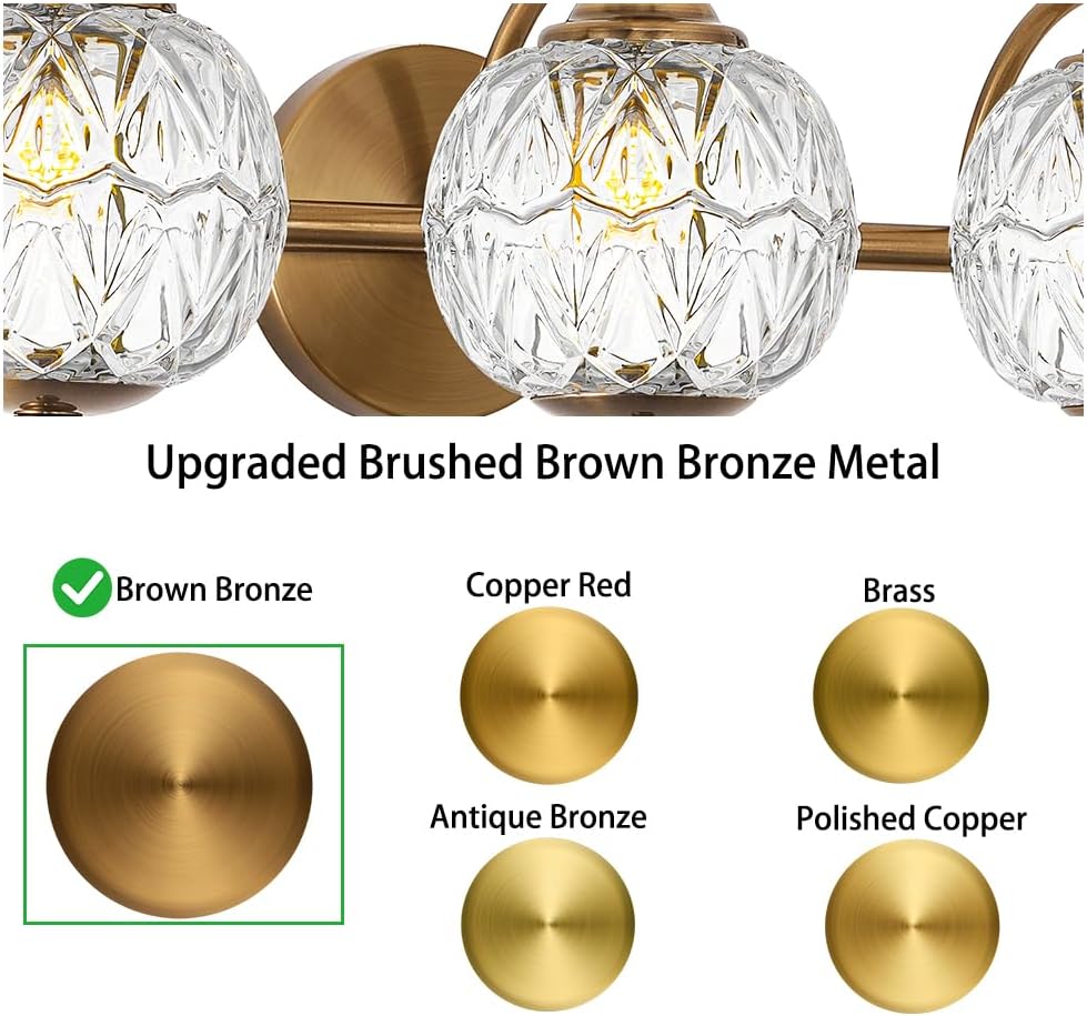 Brushed Gold Bathroom Vanity Light Fixture Vintage Style - 3 Light G9 Bulb Compatible, 23" Wide Bathroom Lighting Over Mirror with Hand-Etched Glass Shades, Easy Mount for Makeup Area