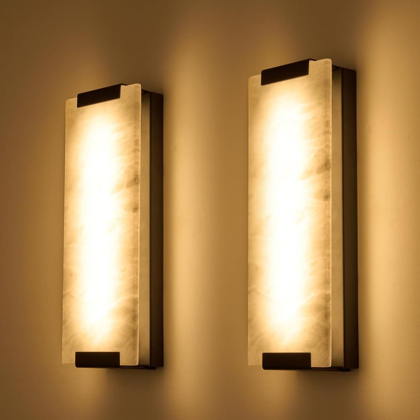 14.2in Alabaster Wall Sconces, Large Natural Marble Wall Sconces Set of Two, LED Modern Wall Lamp for Bedroom, Stairs, Living Room, Vanity, Bedside, Hallway （Brushed Bronze 12W）