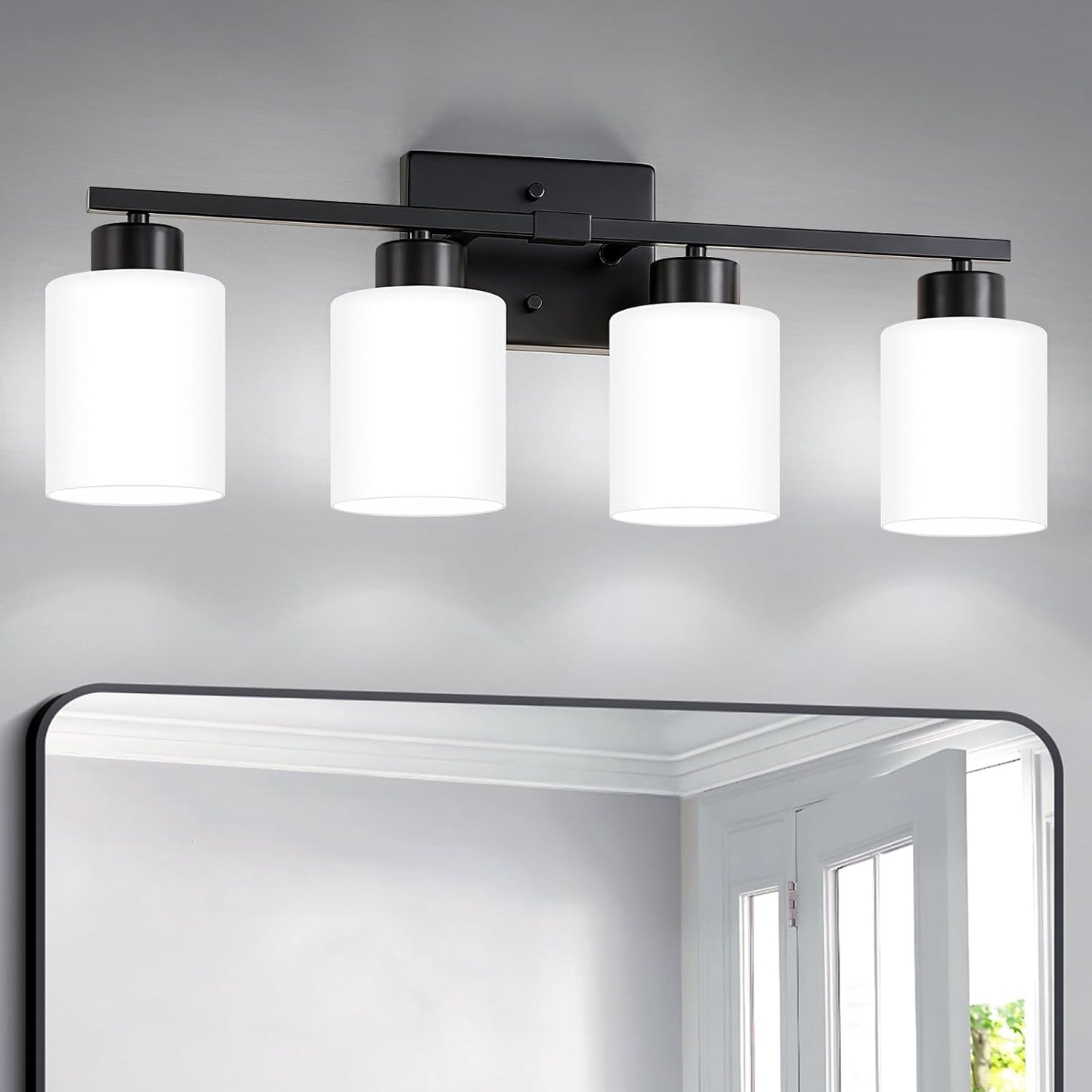 Brushed Nickel Bathroom Light Fixtures, 5-Light Modern Vanity Light Over Mirror, Wall Sconces with Milky White Frosted Glass Shades, E26 Socket (Bulbs Not Included)