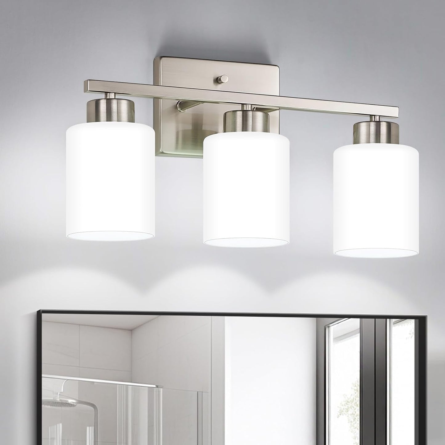 Brushed Nickel Bathroom Light Fixtures, 5-Light Modern Vanity Light Over Mirror, Wall Sconces with Milky White Frosted Glass Shades, E26 Socket (Bulbs Not Included)