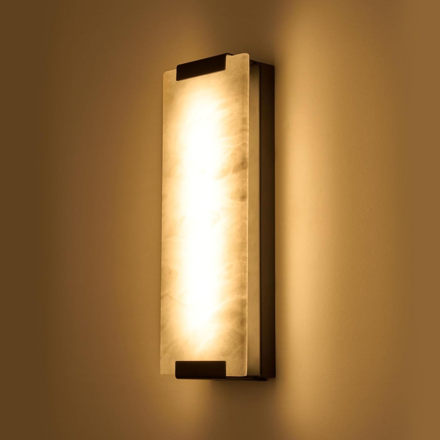 14.2in Alabaster Wall Sconces, Large Natural Marble Wall Sconces Set of Two, LED Modern Wall Lamp for Bedroom, Stairs, Living Room, Vanity, Bedside, Hallway （Brushed Bronze 12W）