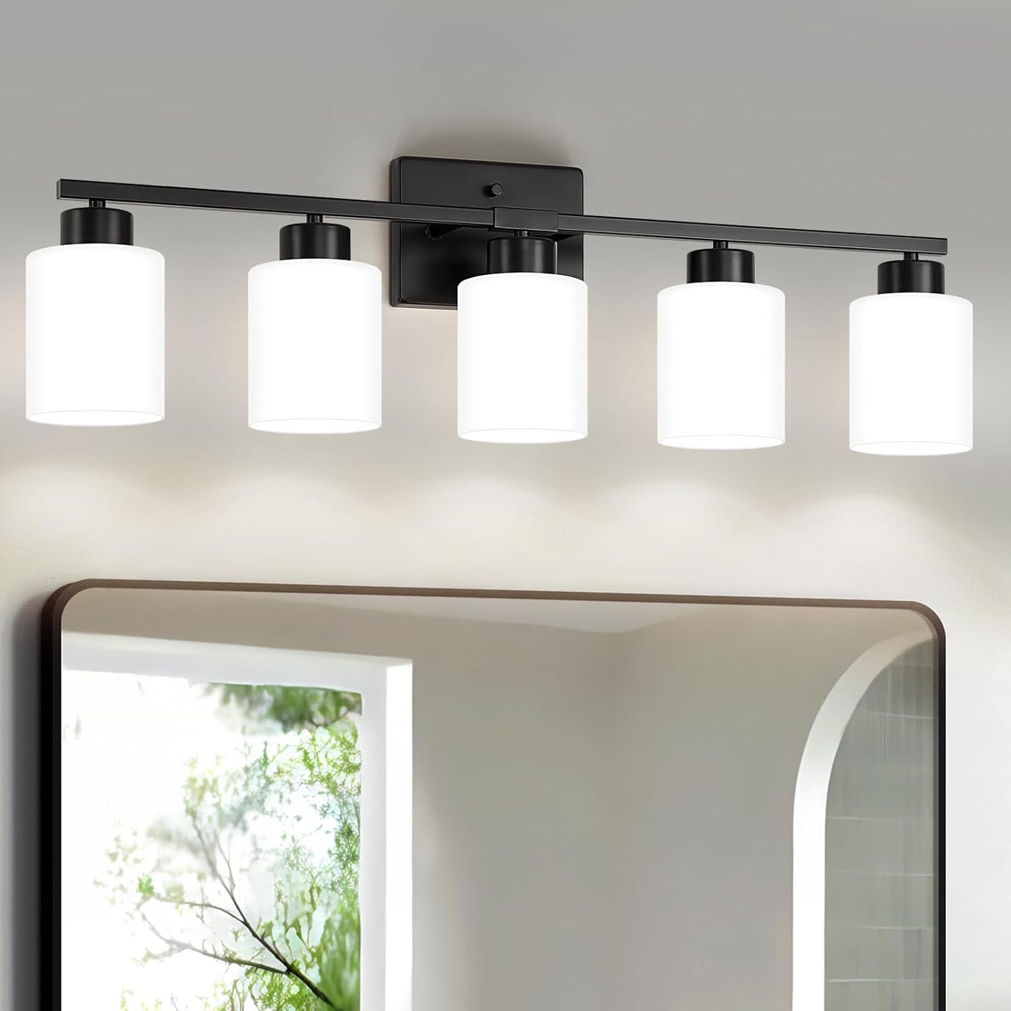 Brushed Nickel Bathroom Light Fixtures, 5-Light Modern Vanity Light Over Mirror, Wall Sconces with Milky White Frosted Glass Shades, E26 Socket (Bulbs Not Included)