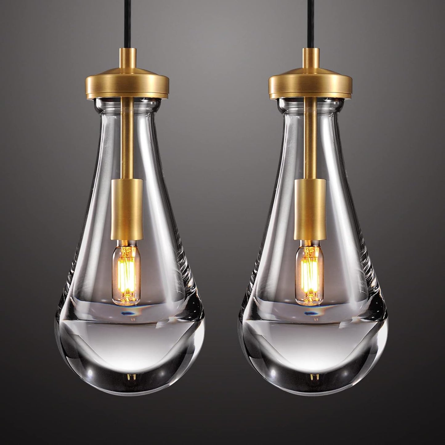 Raindrop Pendant Light Fixtures Set of Two, Brass Glass Pendant Lighting, Teardrops Pendant Lights Kitchen Island, Indoor Pendant Light for Kitchen Island Bedroom Bathroom, Included Bulb