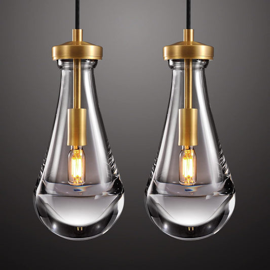Raindrop Pendant Light Fixtures Set of Two, Brass Glass Pendant Lighting, Teardrops Pendant Lights Kitchen Island, Indoor Pendant Light for Kitchen Island Bedroom Bathroom, Included Bulb