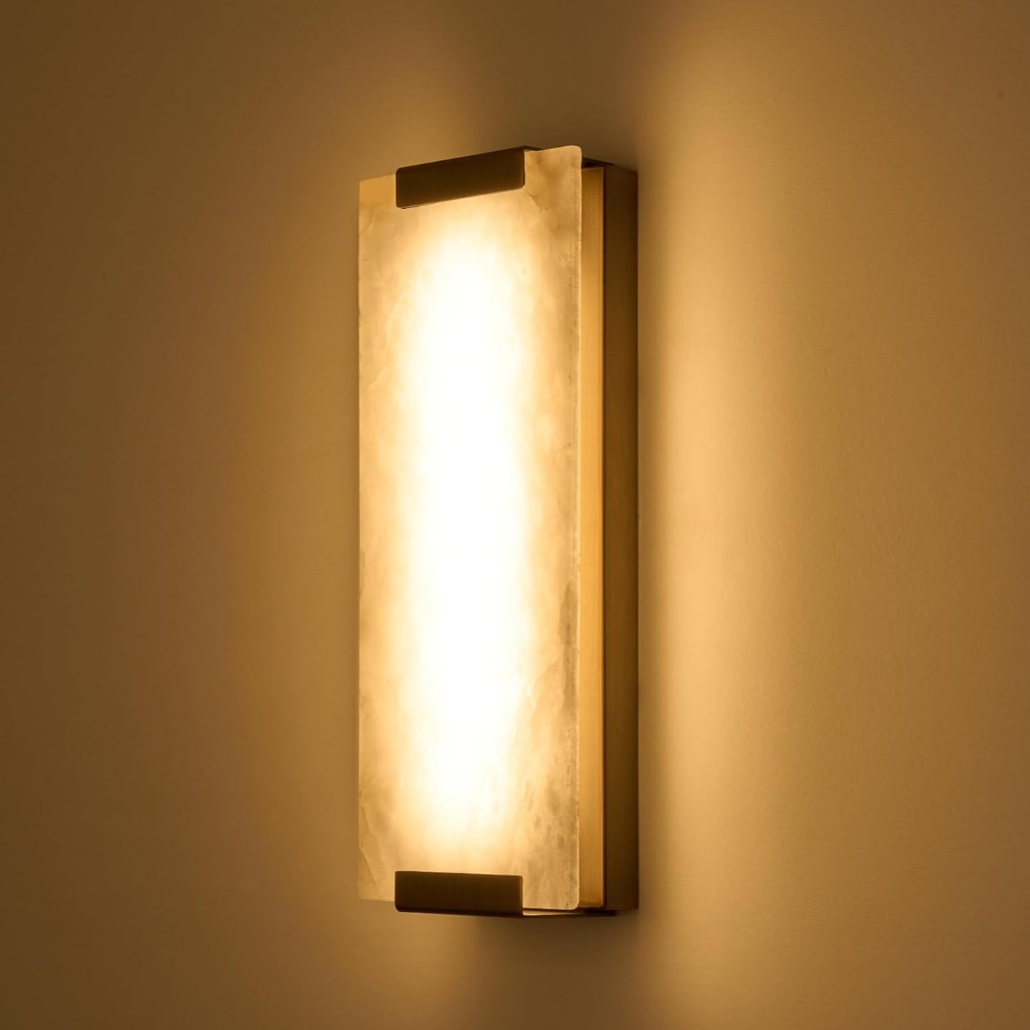 14.2in Alabaster Wall Sconces, Large Natural Marble Wall Sconces Set of Two, LED Modern Wall Lamp for Bedroom, Stairs, Living Room, Vanity, Bedside, Hallway （Brushed Bronze 12W）