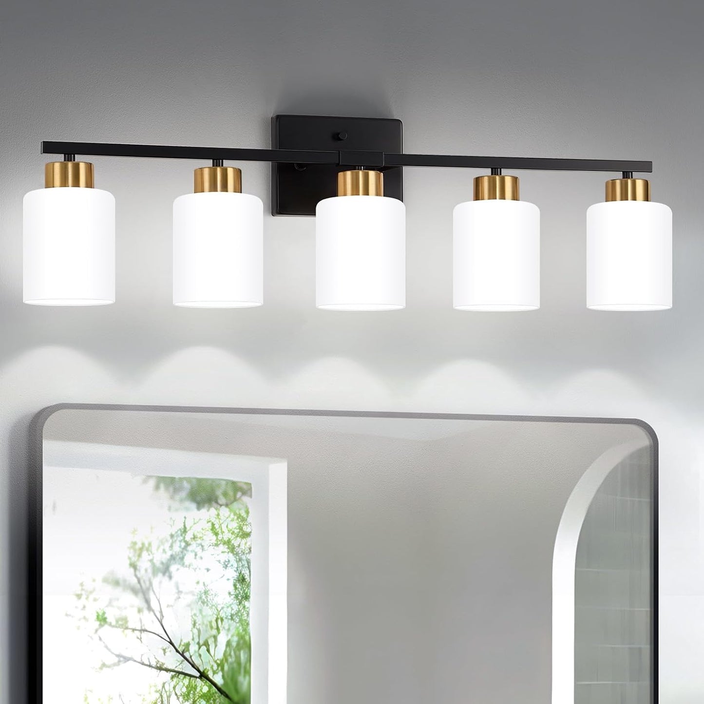 Brushed Nickel Bathroom Light Fixtures, 5-Light Modern Vanity Light Over Mirror, Wall Sconces with Milky White Frosted Glass Shades, E26 Socket (Bulbs Not Included)