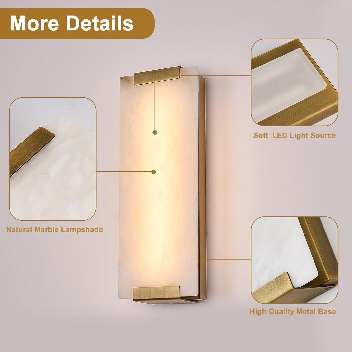 14.2in Alabaster Wall Sconces, Large Natural Marble Wall Sconces Set of Two, LED Modern Wall Lamp for Bedroom, Stairs, Living Room, Vanity, Bedside, Hallway （Brushed Bronze 12W）