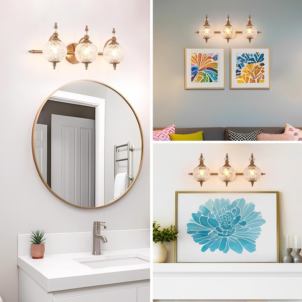 Brushed Gold Bathroom Vanity Light Fixture Vintage Style - 3 Light G9 Bulb Compatible, 23" Wide Bathroom Lighting Over Mirror with Hand-Etched Glass Shades, Easy Mount for Makeup Area