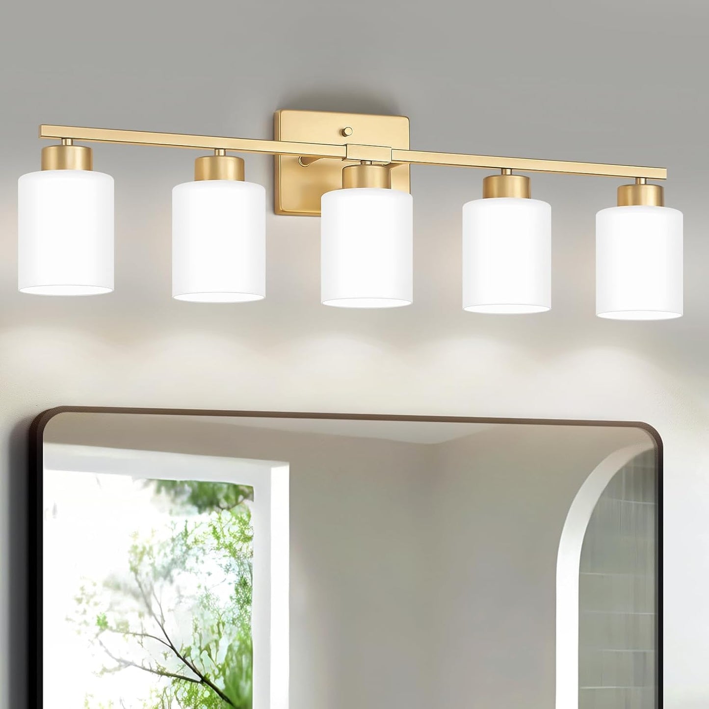Brushed Nickel Bathroom Light Fixtures, 5-Light Modern Vanity Light Over Mirror, Wall Sconces with Milky White Frosted Glass Shades, E26 Socket (Bulbs Not Included)