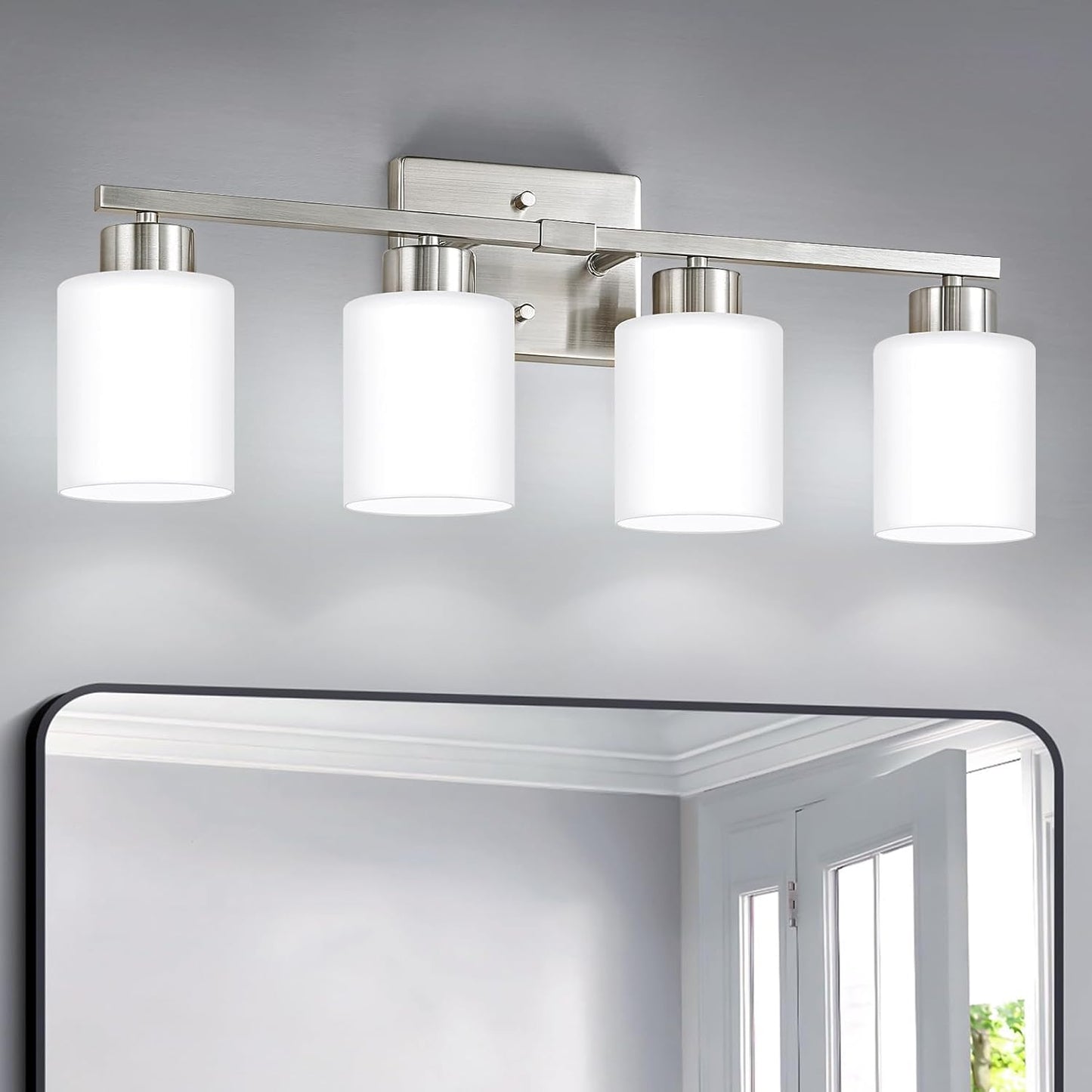 Brushed Nickel Bathroom Light Fixtures, 5-Light Modern Vanity Light Over Mirror, Wall Sconces with Milky White Frosted Glass Shades, E26 Socket (Bulbs Not Included)
