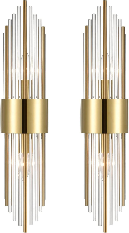 2-Light Modern Brushed Titanium Gold Wall Sconce with Clear Glass Crystal Luxury Wall Light Fixtures for Bedroom Living Room Bathroom Vanity Mirror Light Fixtures Set of 2