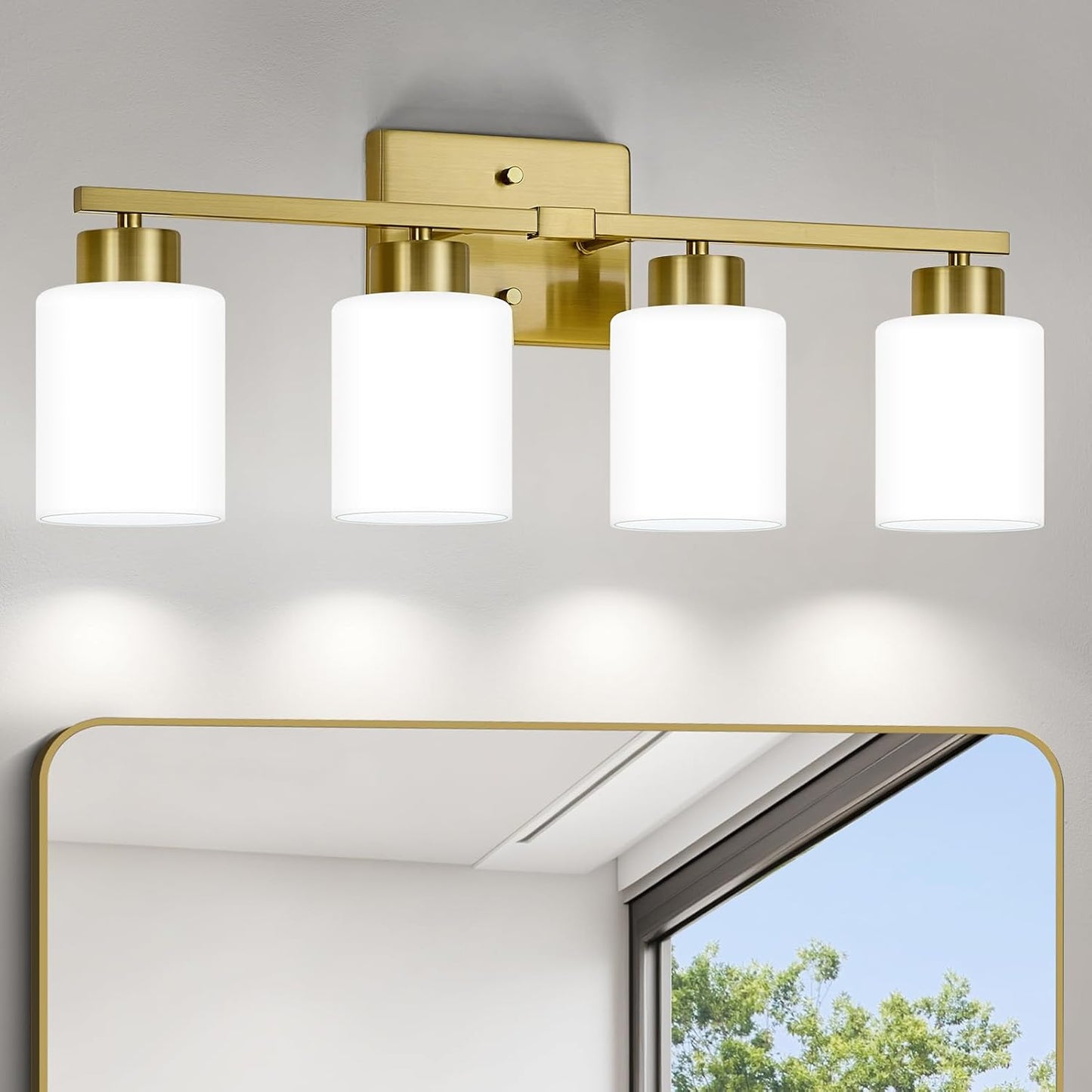 Brushed Nickel Bathroom Light Fixtures, 5-Light Modern Vanity Light Over Mirror, Wall Sconces with Milky White Frosted Glass Shades, E26 Socket (Bulbs Not Included)