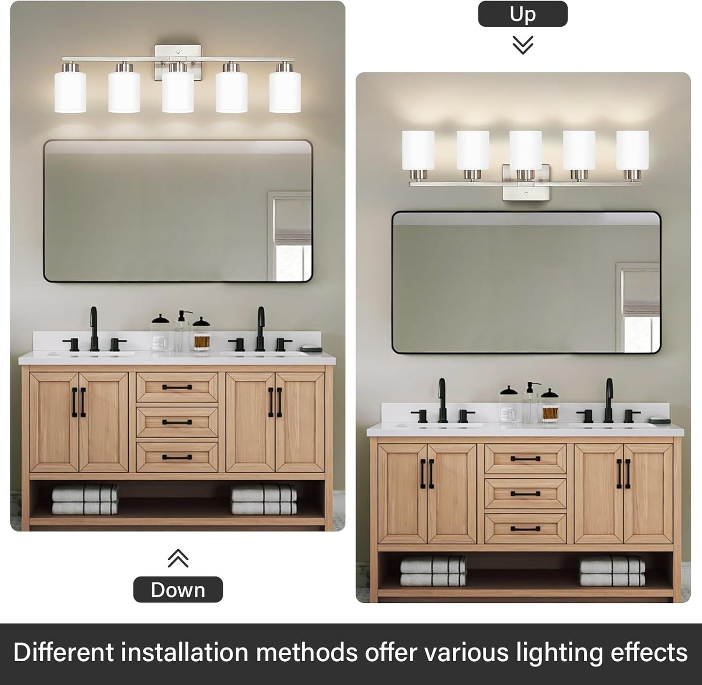 Brushed Nickel Bathroom Light Fixtures, 5-Light Modern Vanity Light Over Mirror, Wall Sconces with Milky White Frosted Glass Shades, E26 Socket (Bulbs Not Included)
