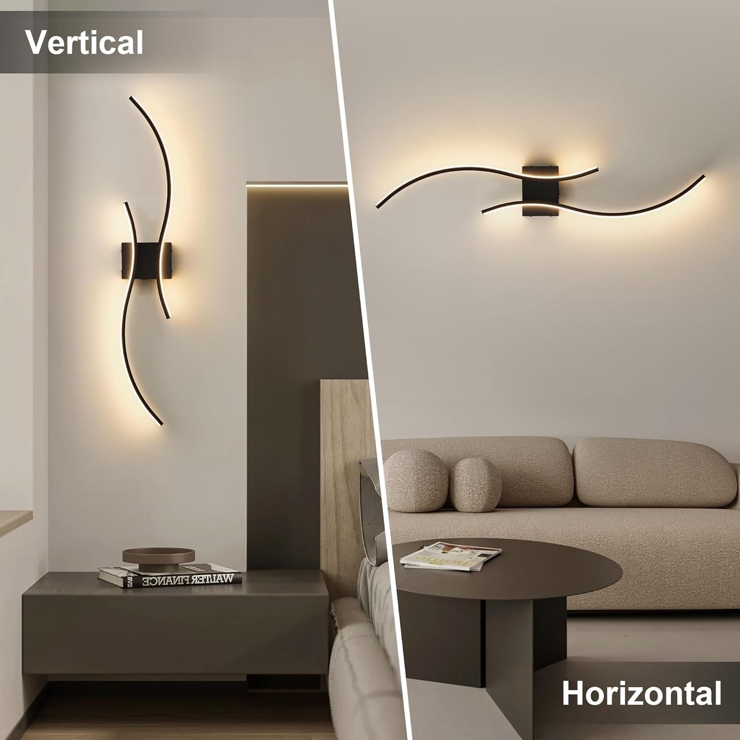 Battery Operated Wall Sconces Set of Two with Remote Control, Stepless Colors 3000K-6000K & Dimming, LED Black Wireless Wall Light for Living Room, Hallway, Bedroom, 39.3 Inch (2 Pack)