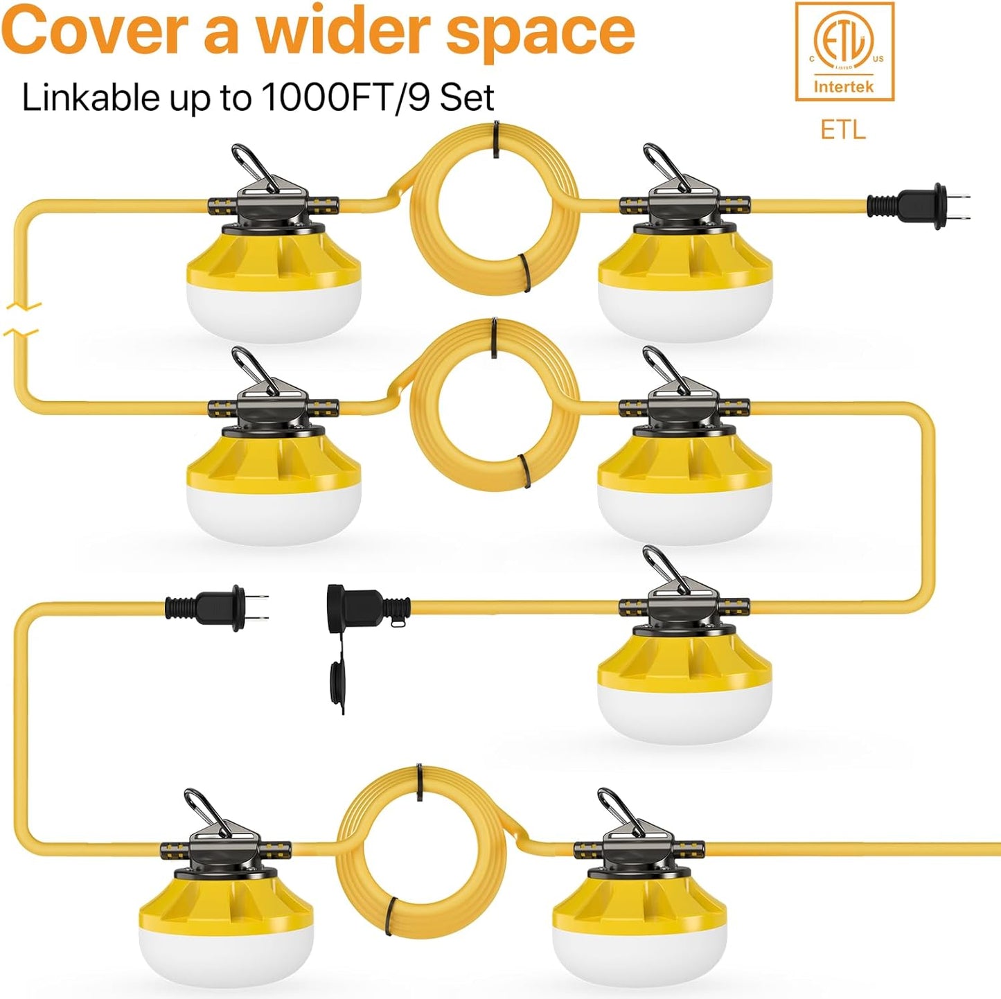 100FT Construction String Lights: 100W Led Construction String Lights with 5 Bulbs & Hooks, IP65 Attic Lighting 5000K Linkable Hanging Work Light for Crawlspace, Basement, Backyard