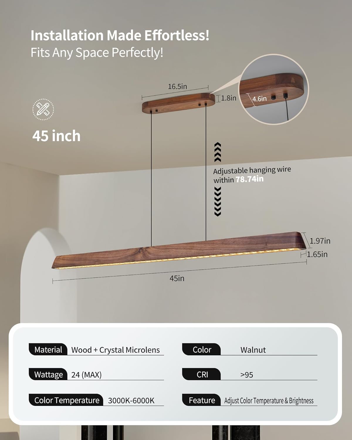 47" Wood Linear Pendant Light, Dimmable Kitchen Island Lighting with Remote, 30W LED Island Lights for Kitchen, Adjustable Linear Chandelier for Dinning Room Light Fixture, Bar, Pool Table - Walnut