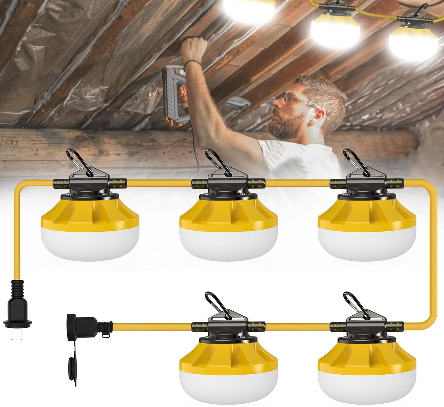 100FT Construction String Lights: 100W Led Construction String Lights with 5 Bulbs & Hooks, IP65 Attic Lighting 5000K Linkable Hanging Work Light for Crawlspace, Basement, Backyard