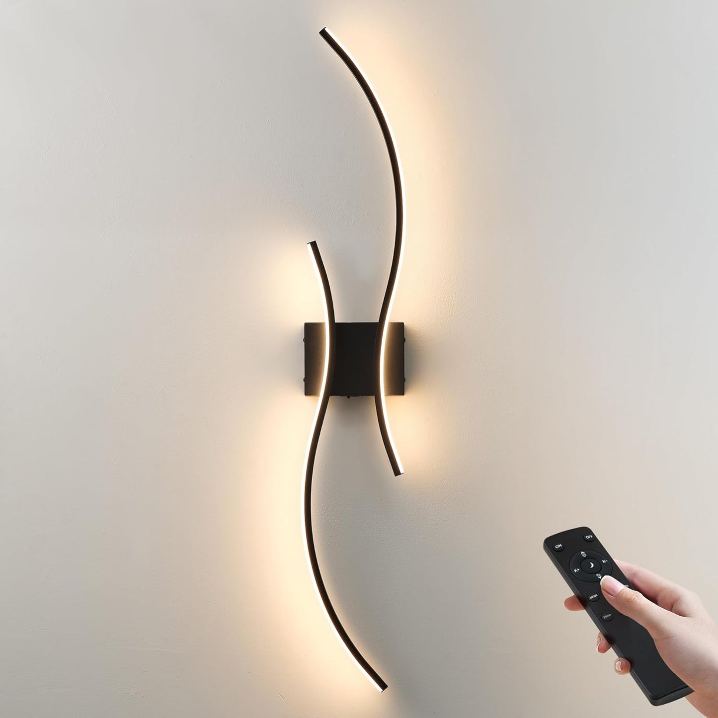 Battery Operated Wall Sconces Set of Two with Remote Control, Stepless Colors 3000K-6000K & Dimming, LED Black Wireless Wall Light for Living Room, Hallway, Bedroom, 39.3 Inch (2 Pack)