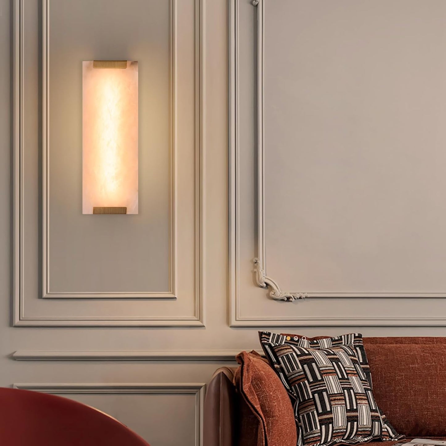 14.2in Alabaster Wall Sconces, Large Natural Marble Wall Sconces Set of Two, LED Modern Wall Lamp for Bedroom, Stairs, Living Room, Vanity, Bedside, Hallway （Brushed Bronze 12W）