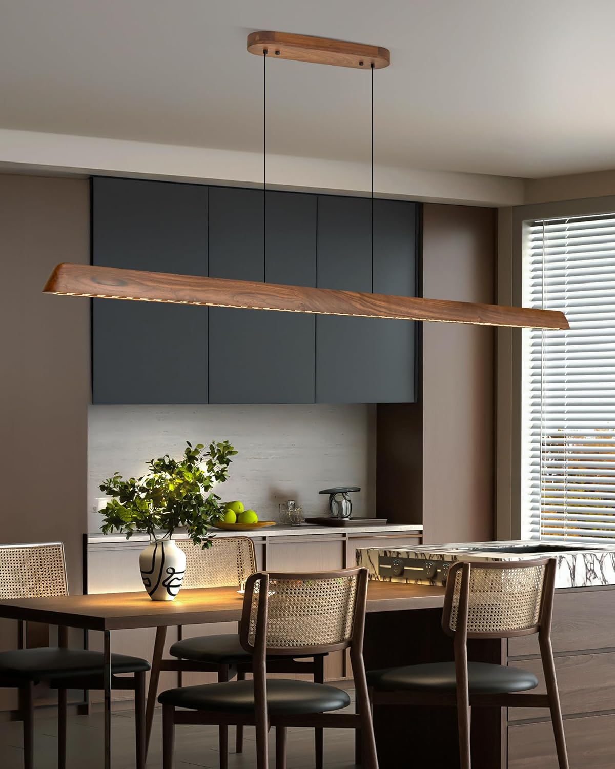 47" Wood Linear Pendant Light, Dimmable Kitchen Island Lighting with Remote, 30W LED Island Lights for Kitchen, Adjustable Linear Chandelier for Dinning Room Light Fixture, Bar, Pool Table - Walnut