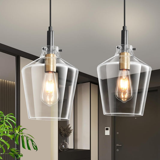Modern Glass Pendant Lighting for Kitchen Island 2 Pack, Farmhouse Black and Gold Pendant Light Fixtures, Adjustable Hanging Ceiling Light, Angled Clear Glass Shades 8 Inch