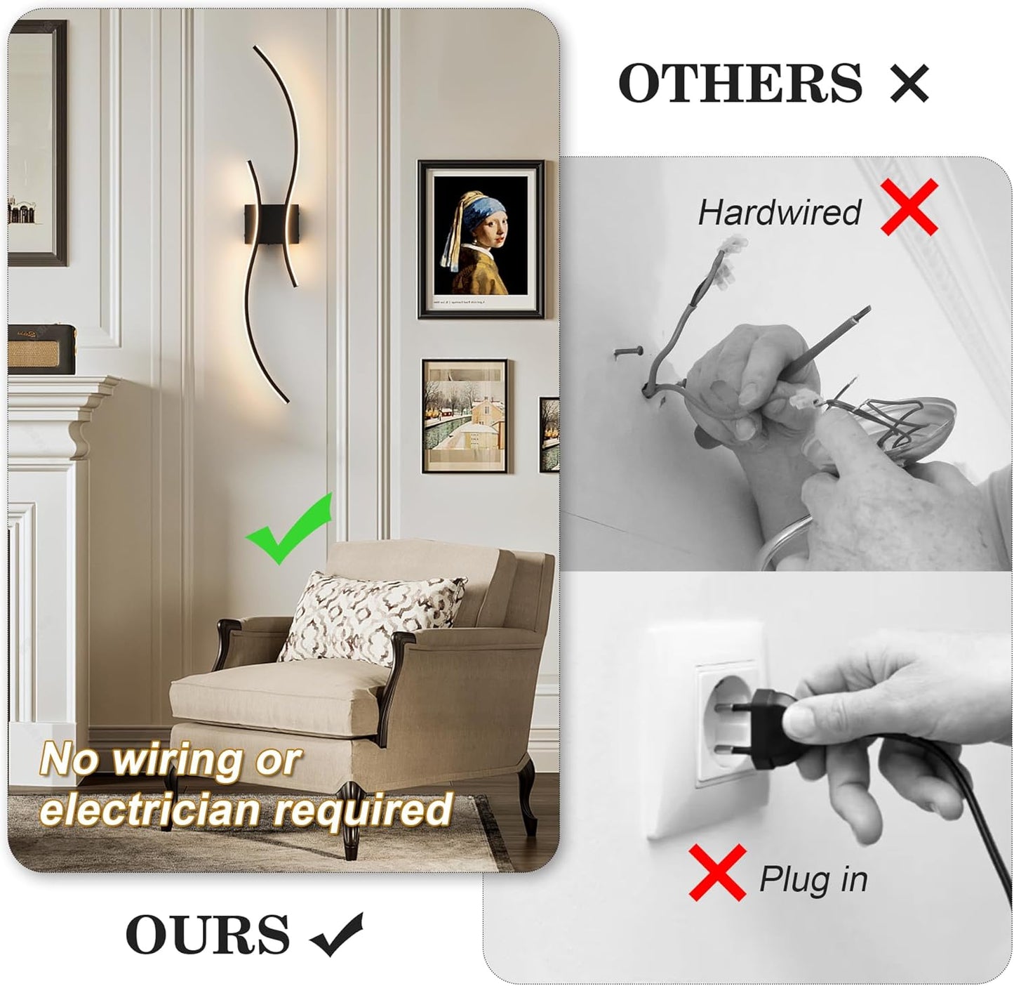 Battery Operated Wall Sconces Set of Two with Remote Control, Stepless Colors 3000K-6000K & Dimming, LED Black Wireless Wall Light for Living Room, Hallway, Bedroom, 39.3 Inch (2 Pack)