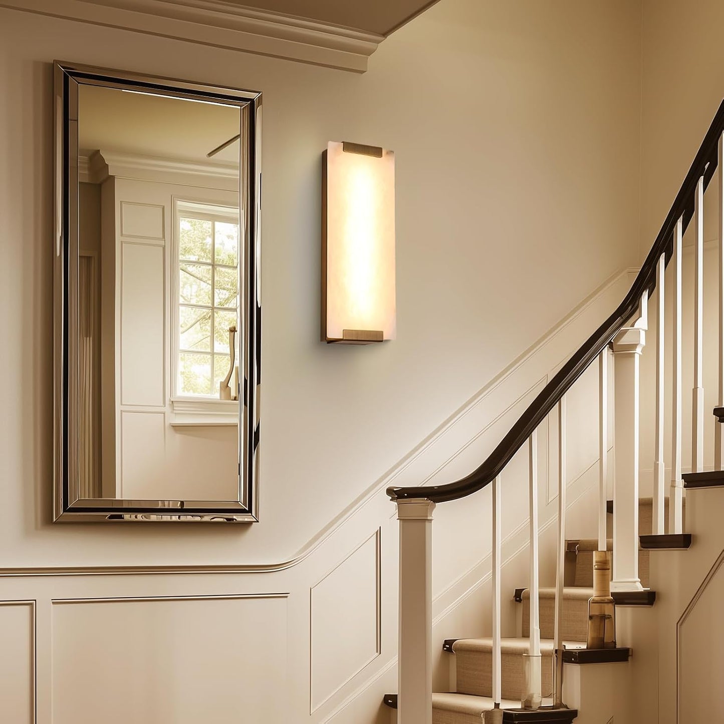 14.2in Alabaster Wall Sconces, Large Natural Marble Wall Sconces Set of Two, LED Modern Wall Lamp for Bedroom, Stairs, Living Room, Vanity, Bedside, Hallway （Brushed Bronze 12W）