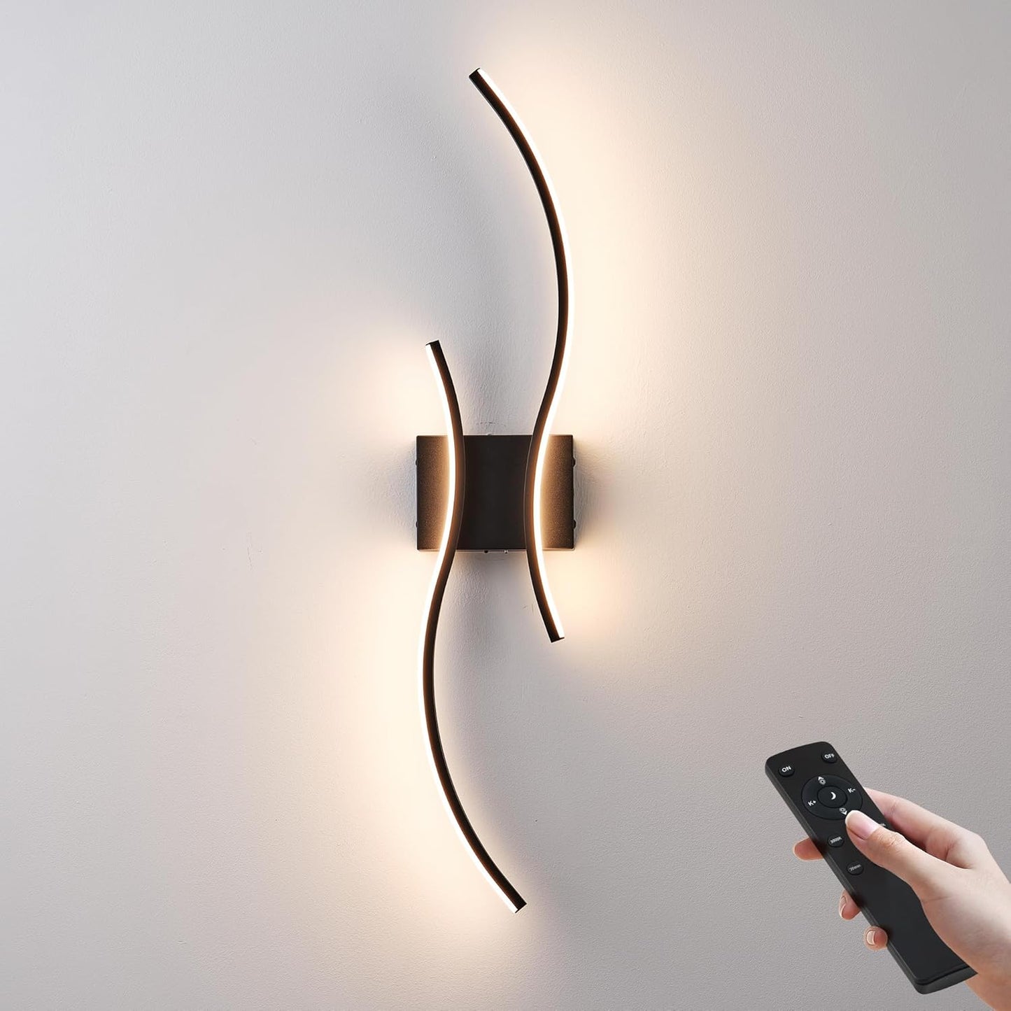 Battery Operated Wall Sconces Set of Two with Remote Control, Stepless Colors 3000K-6000K & Dimming, LED Black Wireless Wall Light for Living Room, Hallway, Bedroom, 39.3 Inch (2 Pack)