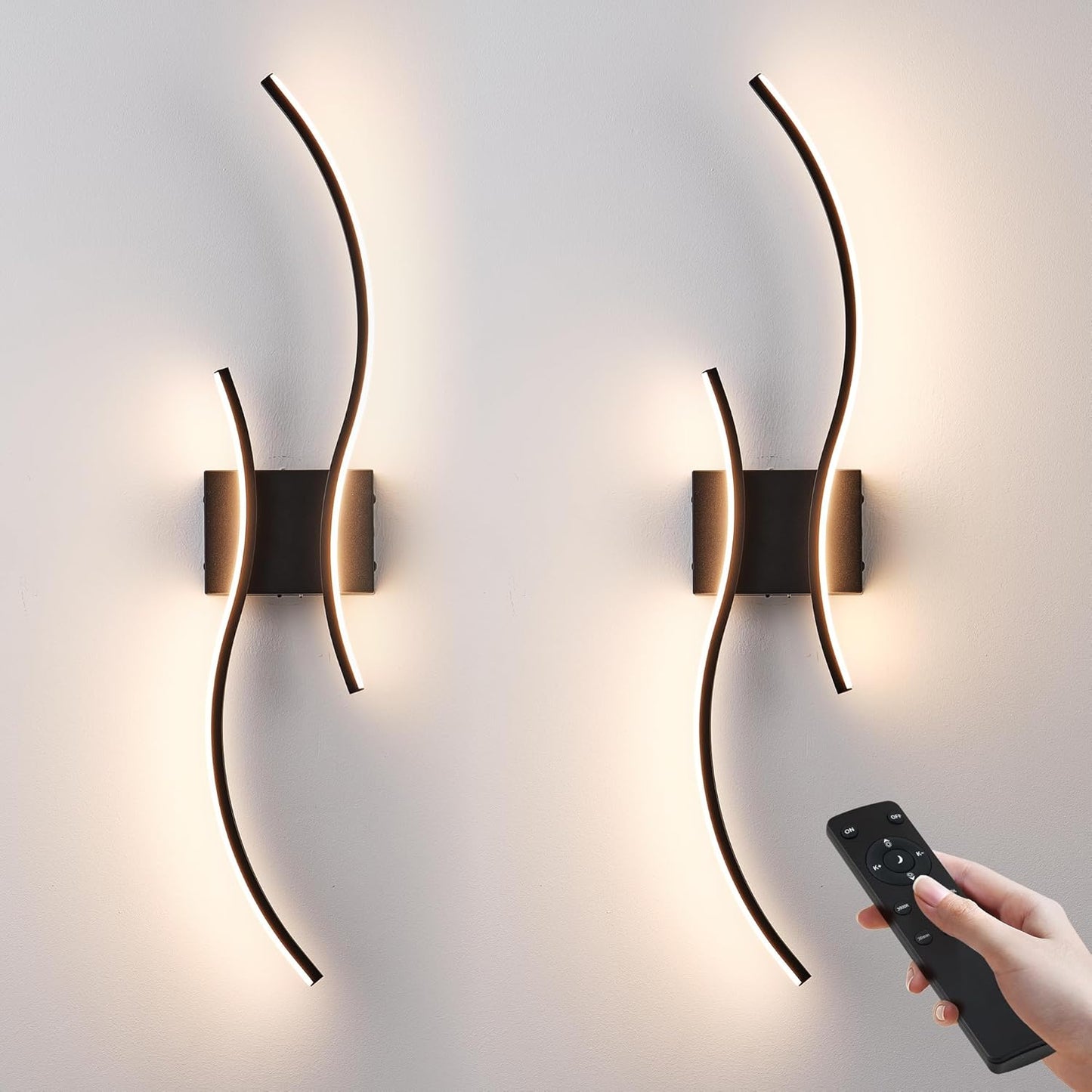 Battery Operated Wall Sconces Set of Two with Remote Control, Stepless Colors 3000K-6000K & Dimming, LED Black Wireless Wall Light for Living Room, Hallway, Bedroom, 39.3 Inch (2 Pack)