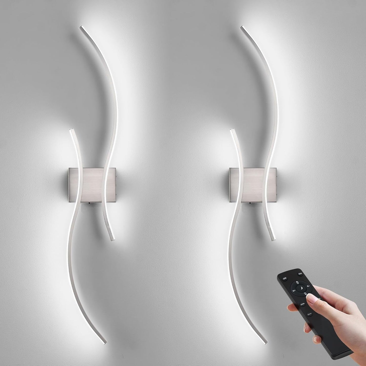 Battery Operated Wall Sconces Set of Two with Remote Control, Stepless Colors 3000K-6000K & Dimming, LED Black Wireless Wall Light for Living Room, Hallway, Bedroom, 39.3 Inch (2 Pack)