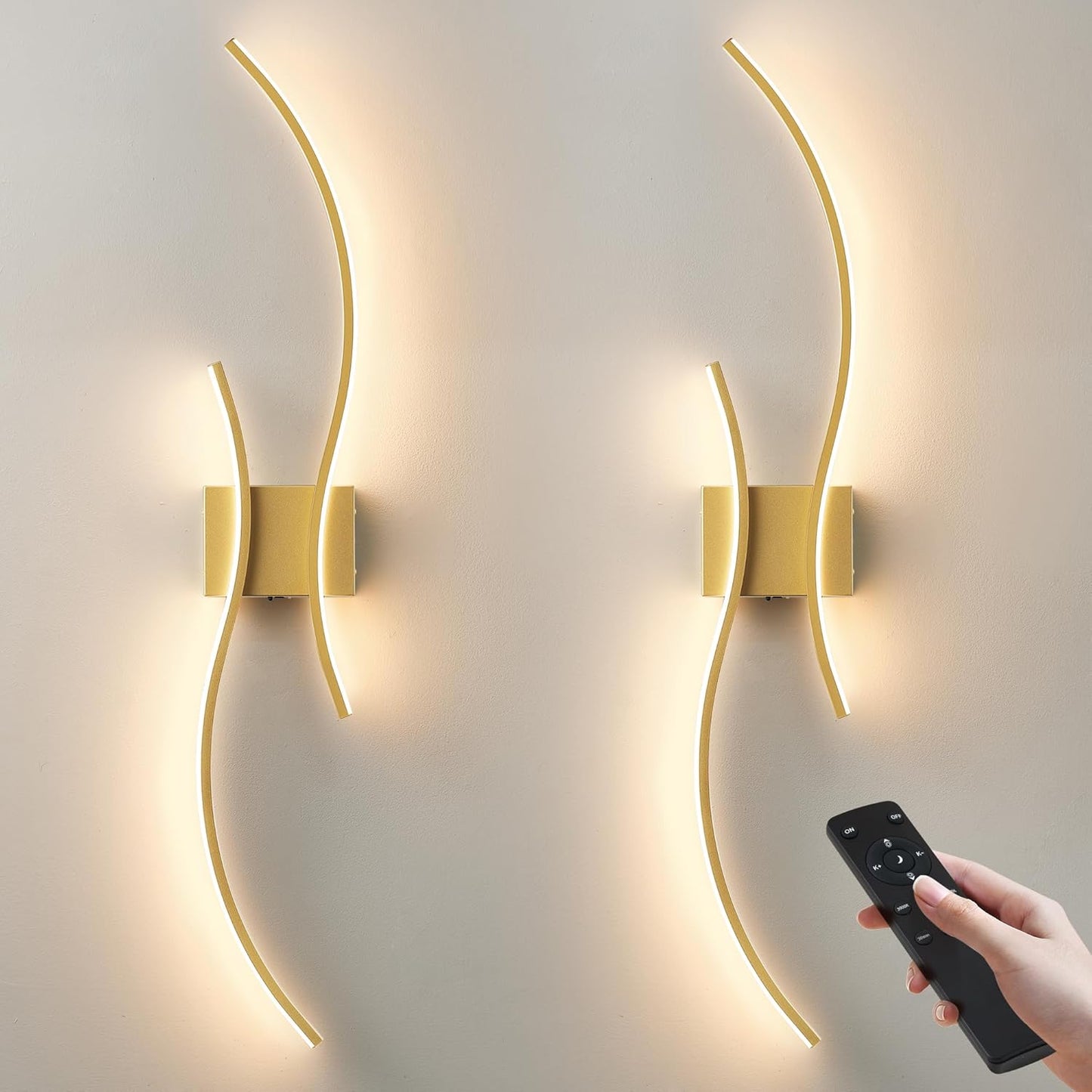 Battery Operated Wall Sconces Set of Two with Remote Control, Stepless Colors 3000K-6000K & Dimming, LED Black Wireless Wall Light for Living Room, Hallway, Bedroom, 39.3 Inch (2 Pack)