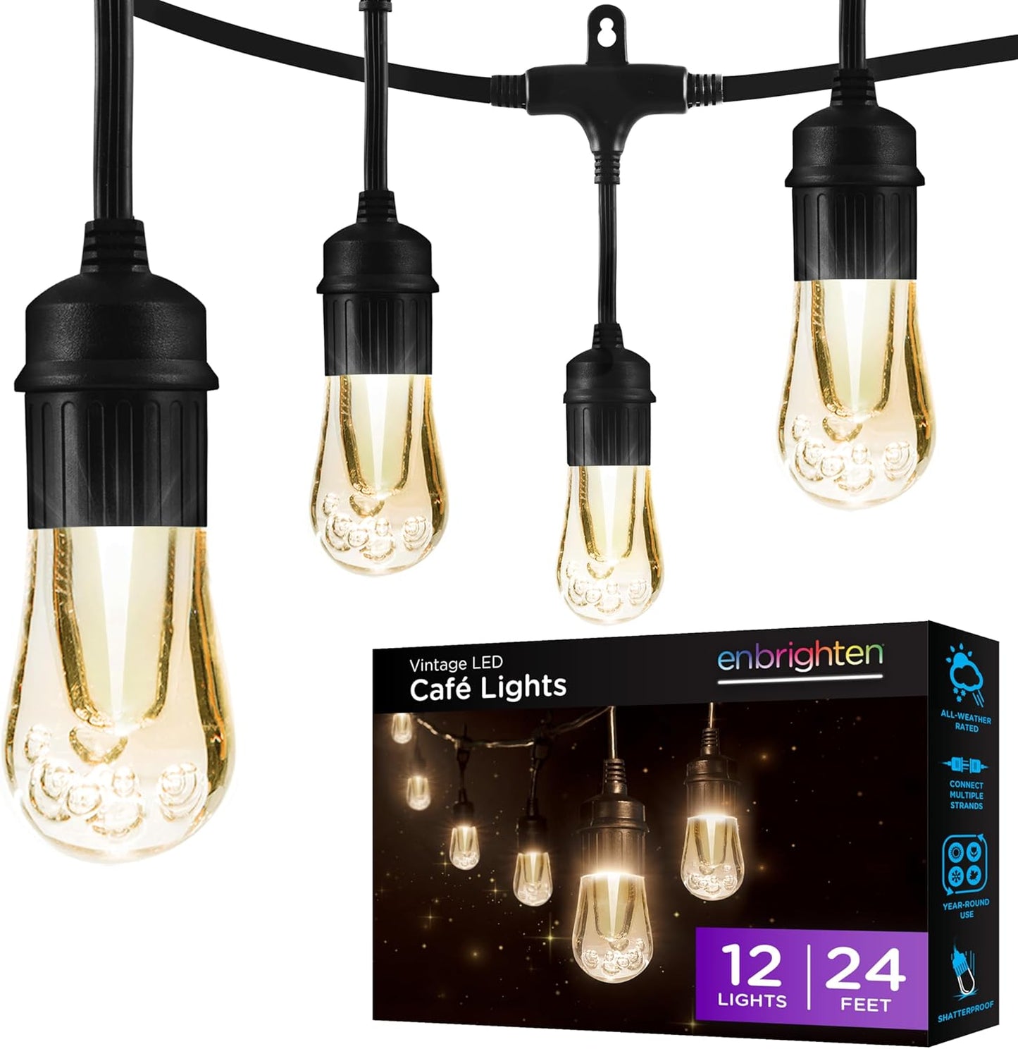 Enbrighten LED Outdoor String Lights 48ft Soft Warm White Patio Lights with Ultra-Durable Shatterproof and Waterproof Acrylic Bulbs for Balcony, Backyard, Porch, Gazebo, Deck, Party and Market, 35631